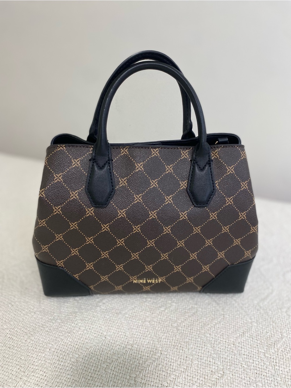 Nine West Women’s Satchel Handbag Brown Black Floral Print Faux Leather Purse
